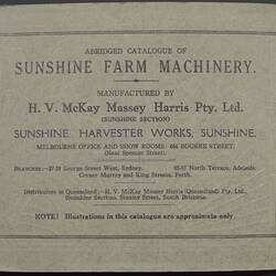Catalogue - H.V. McKay Massey Harris, Sunshine Farm Implements, 1933