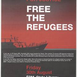 Poster - Rally for Justice Free the Refugees, Refugee Action Collective, Aug 2002
