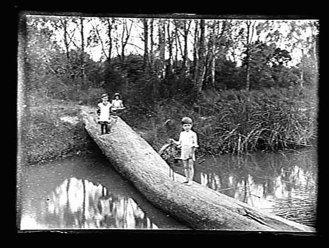 Three children on a log across a river.