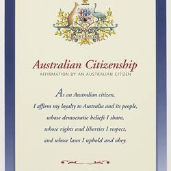 Certificate - Affirmation of Citizenship, Australian Citizenship Affirmation Pack, Department of Immigration