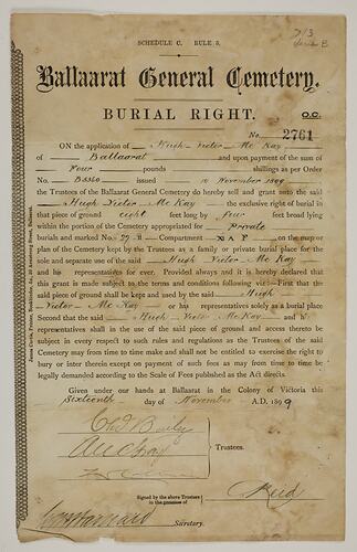 Burial Right - Issued to Hugh Victor McKay, Trustees of Ballaarat General Cemetery, 16 Nov 1899