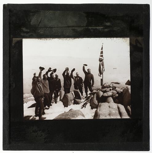 Lantern Slide - Proclamation Flag Raising, BANZARE Voyage 1, Proclamation Island, Antarctica, 13 Jan 1930