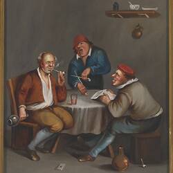 Tavern scene painting entitled 'A Man holding a Glass and an Old Woman lighting a Pipe', After David Teniers the Younger, circa 1850-1880.