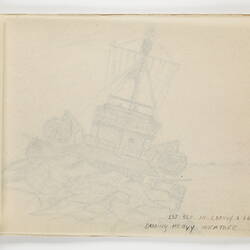 Open book page, with tracing paper above faint outlines of drawing of a navy ship below.