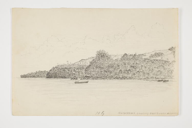Drawing of a coastal view on off-white paper.