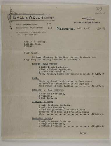 Quotation - Curtains, Ball & Welch Ltd., Melbourne, 6 Apr 1927