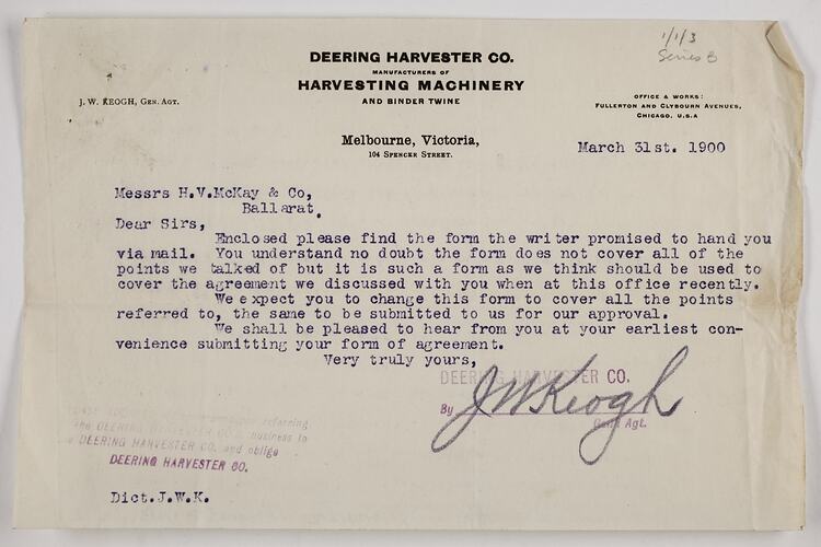 Letter & Draft Agreement - Deering Harvester Co., to H. V. McKay & Co., Agency for Combine Harvester, 31 Mar 1900
