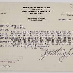 Letter & Draft Agreement - Deering Harvester Co., to H.V. McKay & Co., Agency for Combine Harvester, 31 Mar 1900