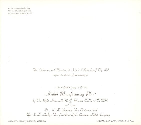 Invitation -  Kodak Australasia Pty Ltd, Invitation for the Official Opening of Kodak Factory in Coburg, 1961