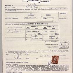 Receipt - Insurance Premium, P&O Orient Lines, 27 Oct 1961