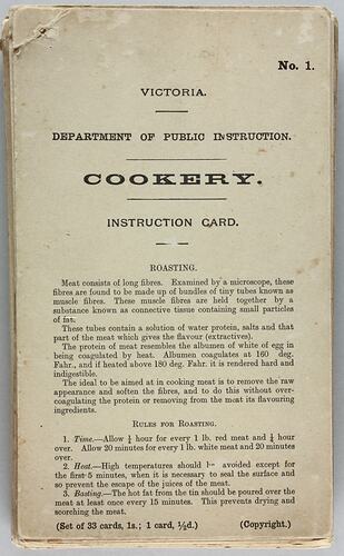 Cards - Cookery Instruction Card Set, Department of Public Instruction, Victoria,1910-1920s