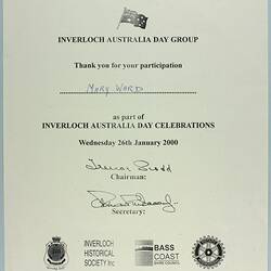 Certificate - 'Inverloch Australia Day Group', Inverloch, Victoria, 26 Jan 2000
