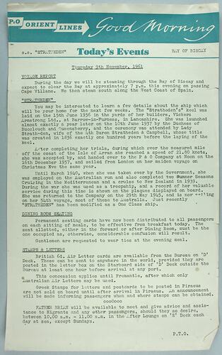 Information Sheet - P&O SS Stratheden, 'Today's Events', Bay of Biscay, 9 Nov 1961