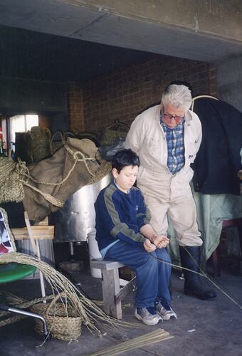Giovanni D'Aprano Teaching Grandson Basket Weaving, Pascoe Vale South, 1989