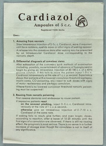 Leaflet - Drug, Cardiazol (Pentylenetetrazol), Knoll A.G. Chemical Works, circa 1950