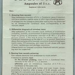 Leaflet - Drug, Cardiazol (Pentylenetetrazol), Knoll A.G. Chemical Works, circa 1950