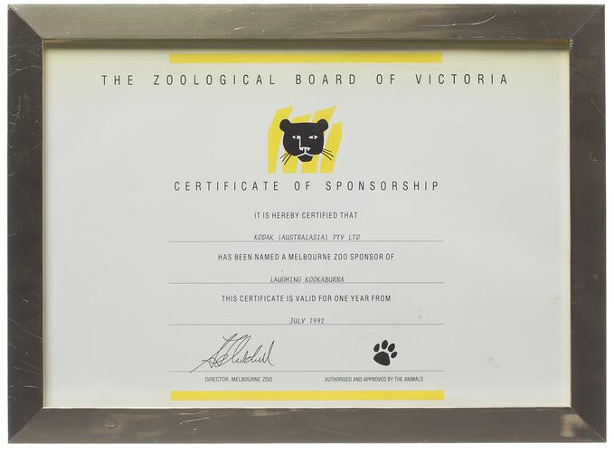 Certificate -The Zoological Board of Victoria, Presented to Kodak, Framed, 1992