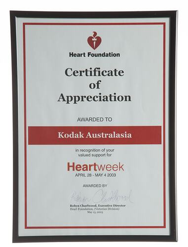 Certificate - Heart Foundation Certificate of Appreciation, Presented to Kodak, Framed, 2003