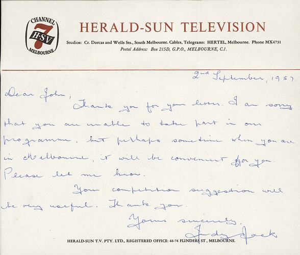 Letter and Envelope -  HSV Channel 7, Judy Jack to John Young, 2nd September, 1957