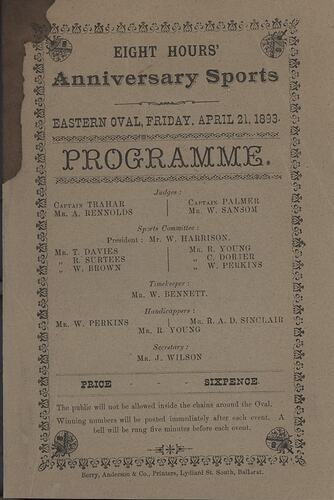 Programme - Eight Hours' Anniversary Sports, Ballarat, 1893