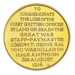 Medal - Death of First British Officer in World War I, Great Britain, 1914