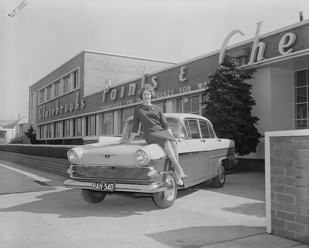 Glazebrooks Paints Australia, Woman Sitting on a Car, Victoria, 28 Aug 1959