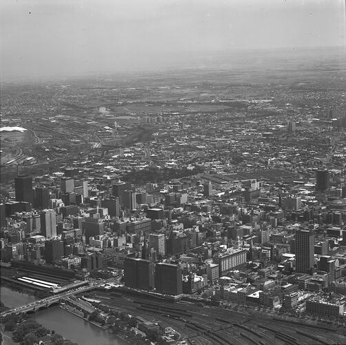 Monochrome aerial photograph of Melbourne.