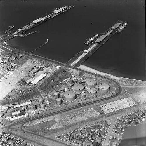 Monochrome aerial photograph of Port Melbourne.