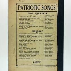 Printed music score, back page listing songs
