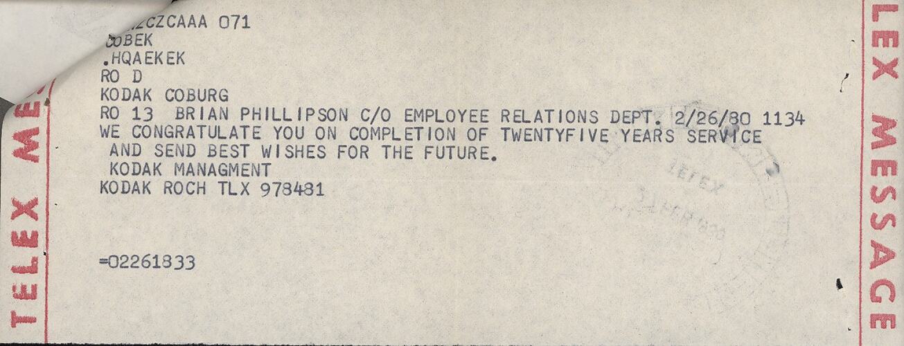 Typed telegram on semi-transparent, stamped 'Telex' paper.