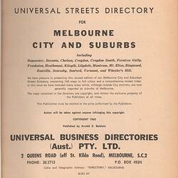 Street Directory - 'Universal De Luxe', Melbourne City & Suburbs, Victoria, 1961