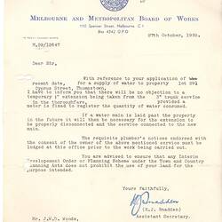 Letter - Melbourne & Metropolitan Board of Works, John Woods, Fairfield, 27 Oct 1959