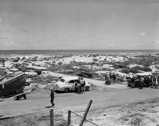 Cars & Boats Parked Along a Beach Road, Victoria, 13 Dec 1959