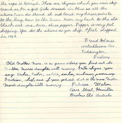 Document - Brenda Holmes, to Dorothy Howard, Descriptions of Rope Skipping & Marbles Games, 15 Oct 1954