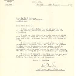 Letter - A. G. Paull, to Dorothy Howard, Acknowledgement of Receipt of Dr Howard's Letter & Offer of Assistance, 28 Jan 1955