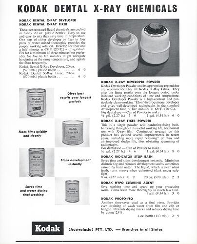 Printed text and photographs of x-ray developing equipment.