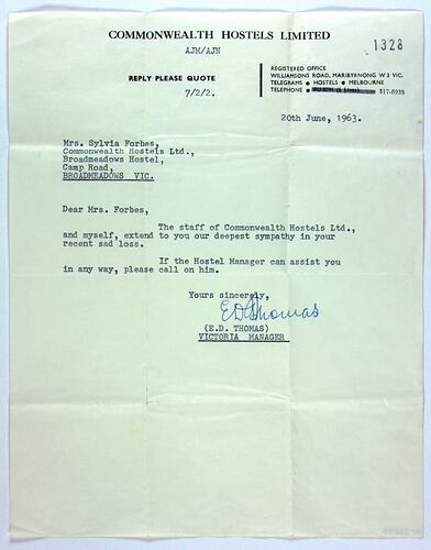Letter of Condolence - To Sylvia Forbes from Victorian Manager, Commonwealth Hostels Ltd, Maribyrnong, 20 Jun 1963
