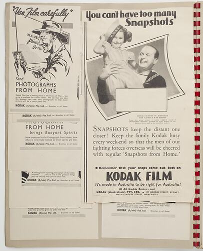 Scrapbook Page - Kodak (Australasia) Pty Ltd, Advertising Clippings, 'Wartime Advertisements from 1940-1945', Abbotsford, circa 1940s