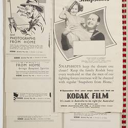 Scrapbook - Kodak Australasia Pty Ltd, Advertising Clippings, 'Wartime Advertisements from 1940-1945', Abbotsford, Victoria, circa 1940s