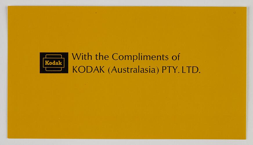 Card - Kodak (Australasia) Pty Ltd, 'With the Compliments of Kodak', circa 1965-1985