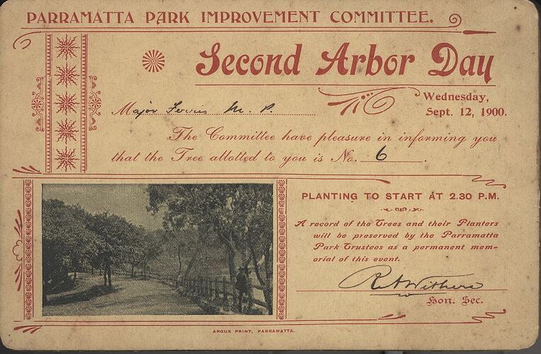Card -  Second Arbor Day Tree Allocation for Planting, Major Ferris M.P., Parramatta Park Improvement Committee, 12 Sep 1900