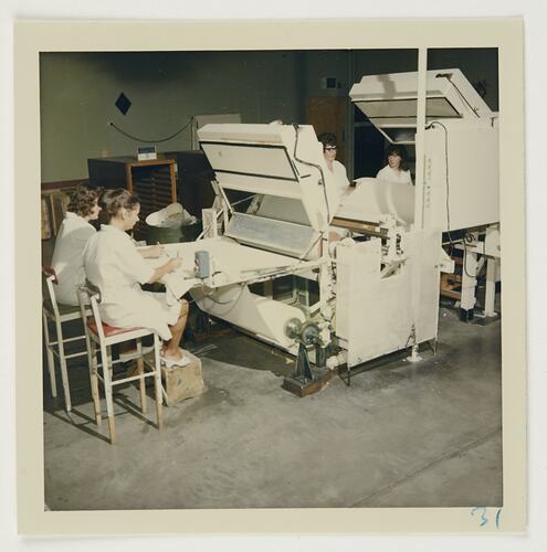 Slide 173, 'Extra Prints of Coburg Lecture', Workers Operating Paper Cutting Machinery, Kodak Factory, Coburg, circa 1960s