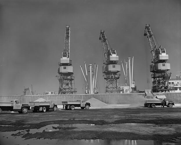 Trucks Transporting Phosphate, Appleton Dock, Footscray, Victoria, Oct 1958