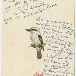 Card with central brown and white kookaburra and handwrriten messages around it.
