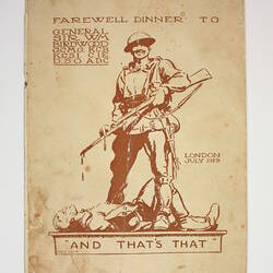 Cover of printed menu with illustration of soldier.