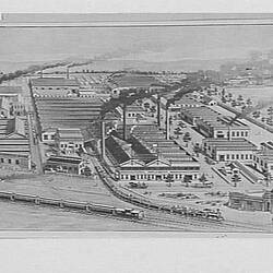 Etching - H.V. McKay, Aerial Depiction of Sunshine Harvester Factory, Sunshine, Victoria, pre 1914