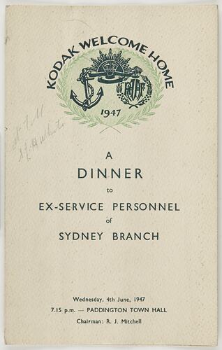 Programme - Kodak Australasia Pty Ltd, 'Kodak Welcome Home', Sydney, 04 June 1947, page 1