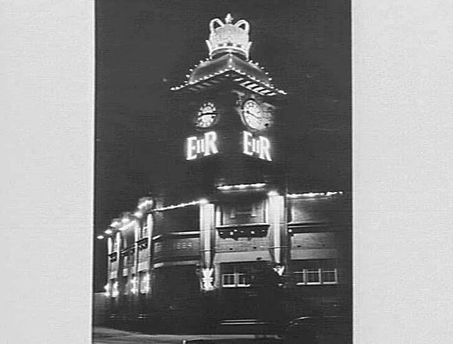 Photograph - Crown on H.V. McKay Clock Tower at Night, Royal Visit, Feb 1954