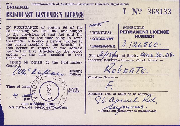 Broadcast Listener's Licence - Commonwealth of Australia, Postmaster General's Department, 27 Mar 1958