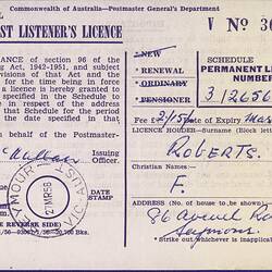 Broadcast Listener's Licence - Frederick & Amelia Roberts, Commonwealth of Australia, Postmaster General's Department, 27 Mar 1958
